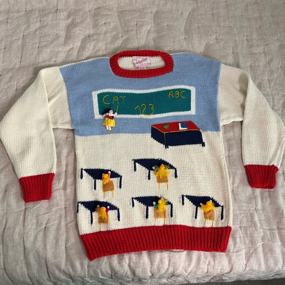 Vintage California Sweaters Teacher School Embroidered Cotton Wearable Art
